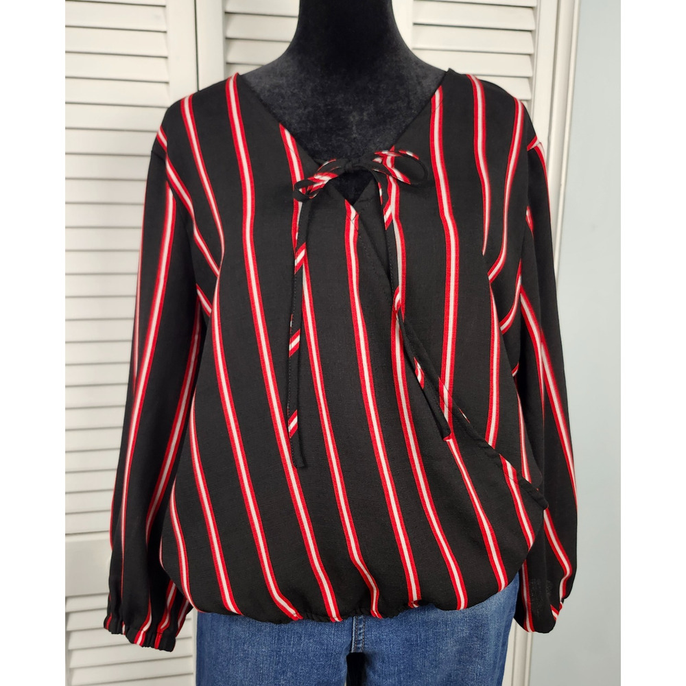 3/$20 OLM Faux Wrap Top XL Black Red Stripe